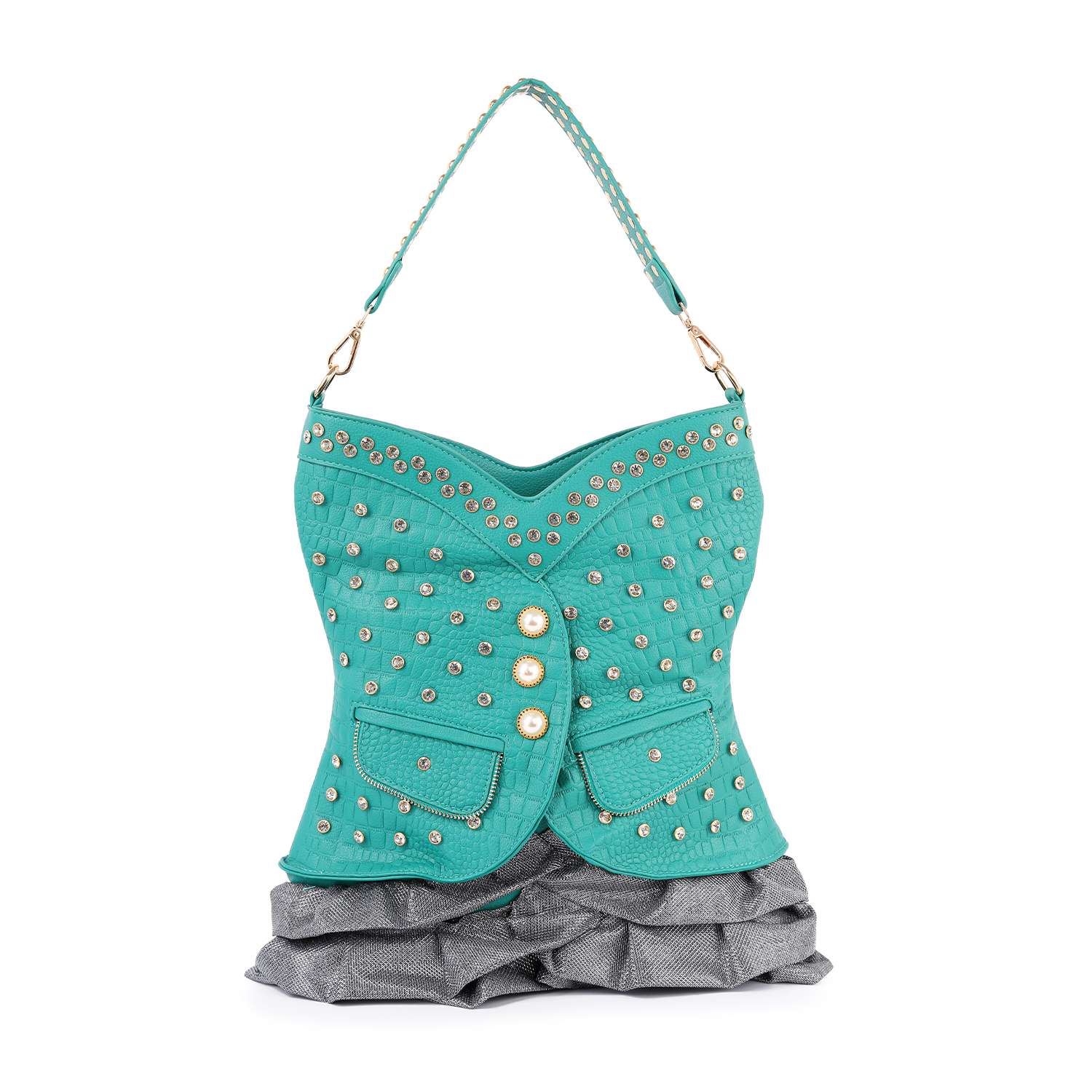 The Dazzling Vest Design Tall Hobo Handbag resembles a turquoise studded jacket with gold buttons, pockets, ruffled gray fabric at the bottom, and a matching turquoise handle. Its tablet compatible for added convenience.