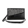 The Petite Rhinestone Top Flap Shoulder Bag Wristlet is a black faux leather clutch with a silver studded diagonal panel, rhinestone flap, wrist strap on one side, and detachable shoulder chain.