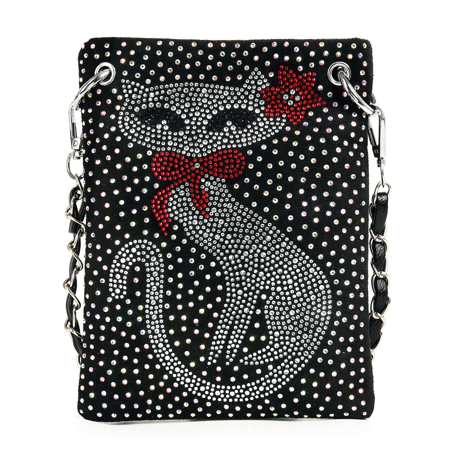 The *New Size* Cat Design Petite Crossbody Sling is a black faux leather bag with rhinestone cat details—large eyes, red bow, and flower—plus a chic chain strap, making it an irresistible small accessory.