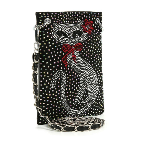 The *New Size* Cat Design Petite Crossbody Sling is a small black faux leather bag featuring rhinestones forming a cat with a red bow and flower, finished with a silver chain strap.