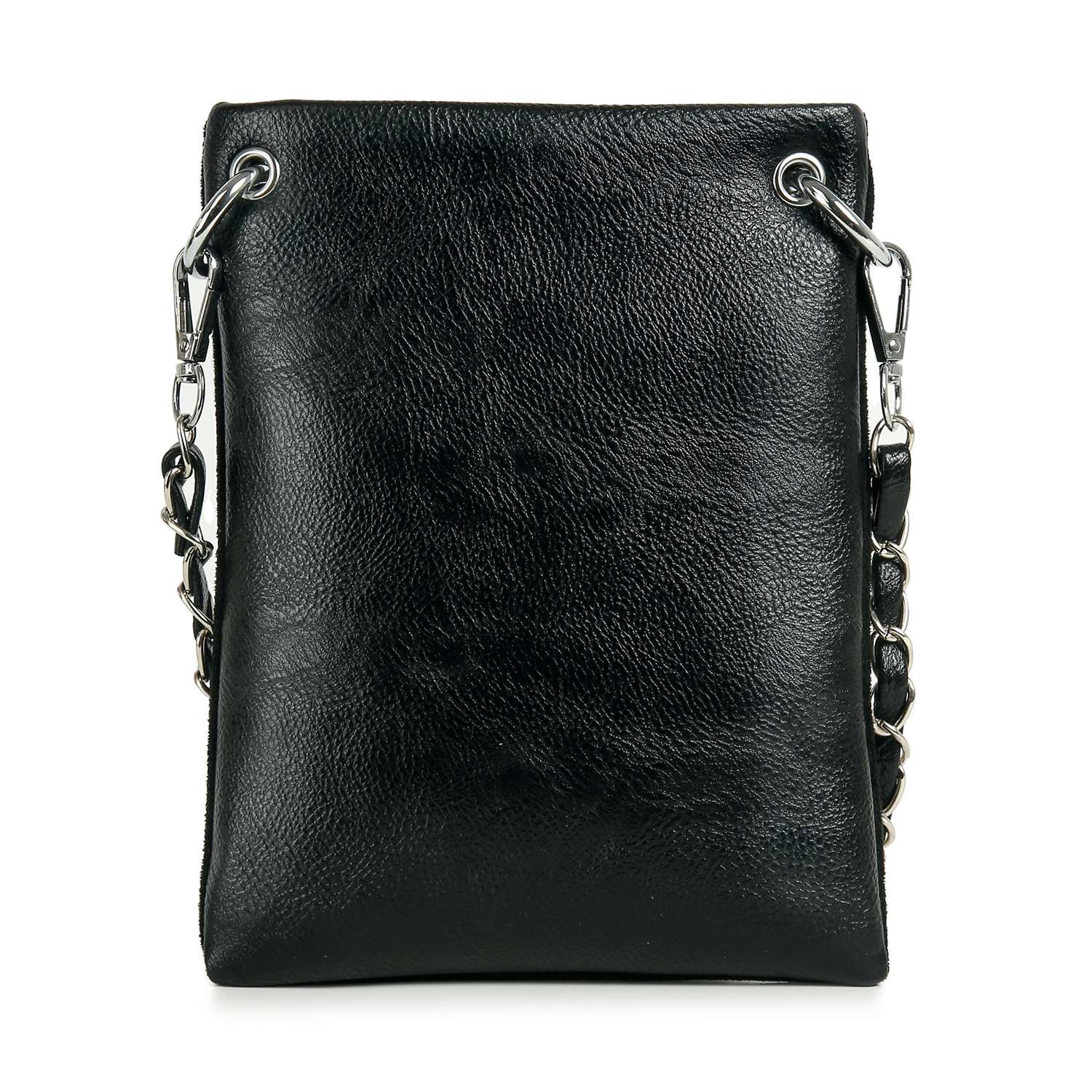 The *New Size* Cat Design Petite Crossbody Sling is a small black faux leather bag with a rectangular shape, silver-tone chain straps on metal grommets, and a smooth finish—ideal as a chic accessory.