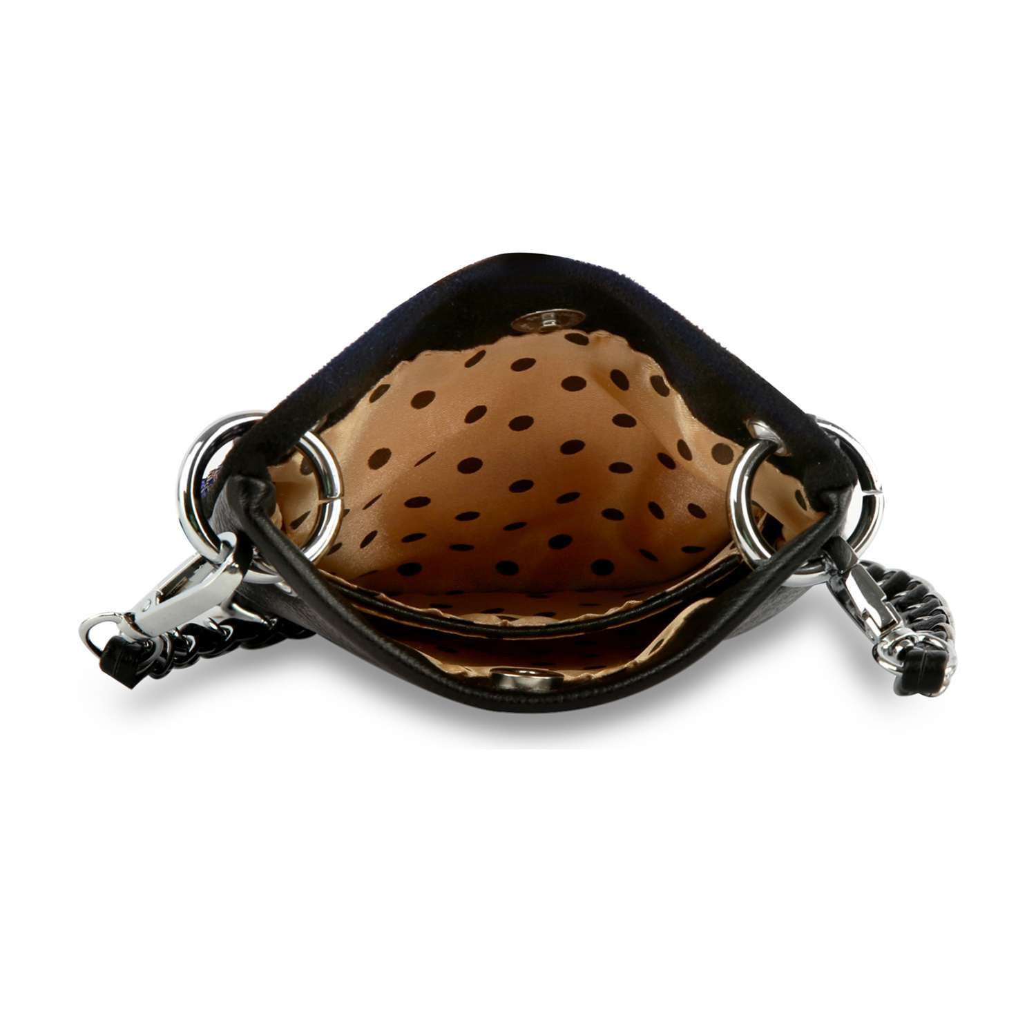*New Size* Cat Design Petite Crossbody Sling in open black faux leather with brown polka dot lining, silver rings, and a chain strap at the sides. This chic small bag is empty and shown from above.