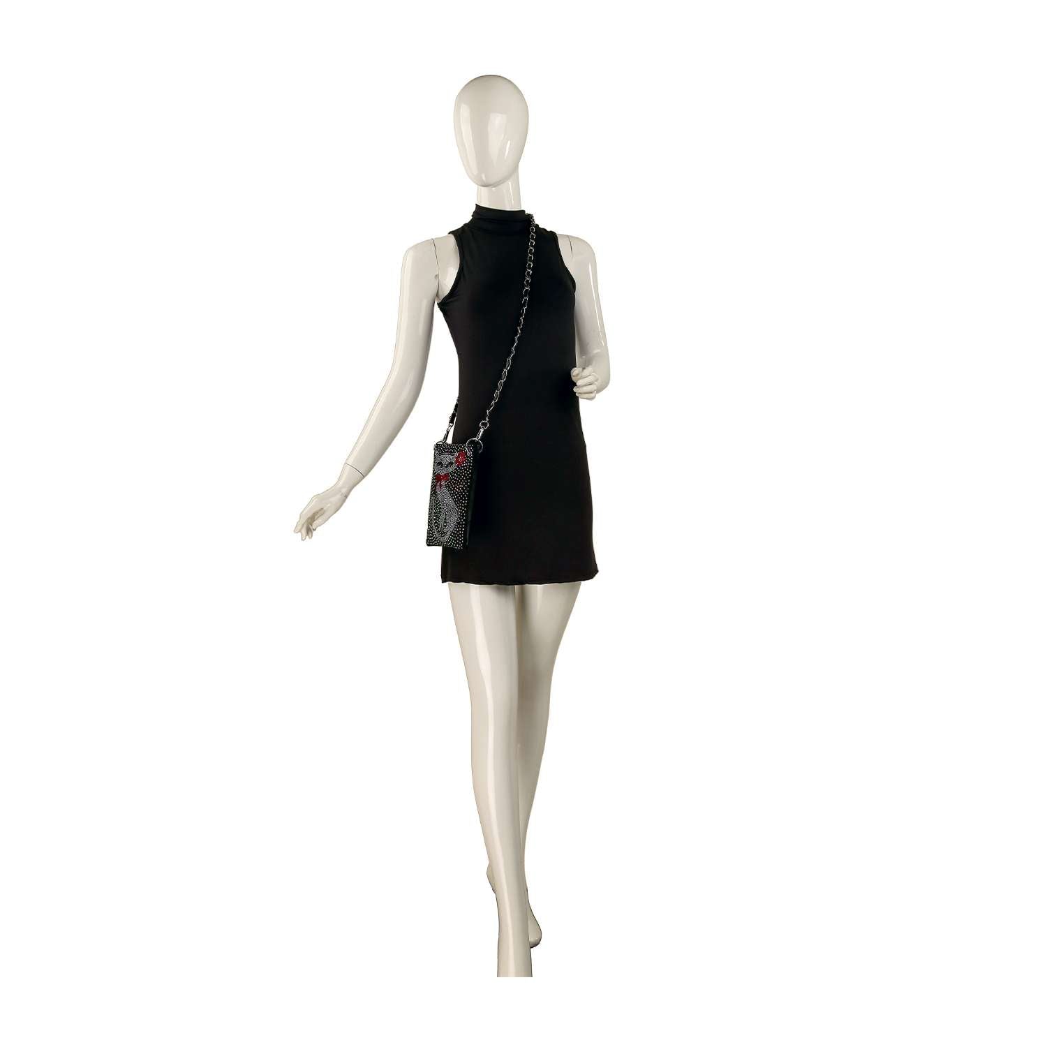 A mannequin poses against a white background, wearing a sleeveless black mini dress and the *New Size* Cat Design Petite Crossbody Sling.