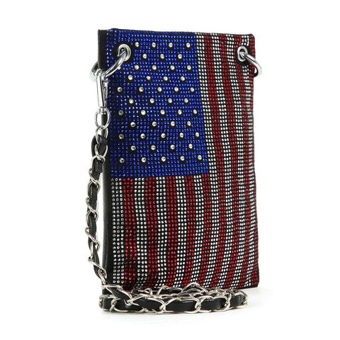 The *New Size* American Flag Petite Crossbody Sling is a small phone purse with red, white, and blue rhinestones and a silver chain strap—show your patriotic flair in style.