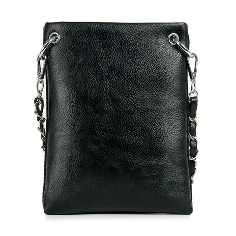The *New Size* American Flag Petite Crossbody Sling is a small, shiny-textured black bag with rhinestones and a silver chain strap on metal rings, standing upright against a white background.