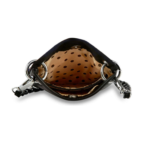 Open black handbag with tan polka dot lining, silver rings, and chain handles—ideal for pairing with your favorite *New Size* American Flag Petite Crossbody Sling or a small phone purse.