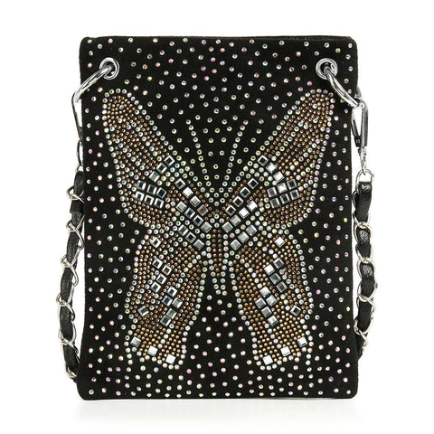 The *New Size* Butterfly Design Petite Rhinestone Sling features a black bag with silver, gold, and iridescent studs forming a central butterfly. It has a chain strap and is spacious enough to carry a full-size phone as a handbag.
