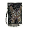 The *New Size* Butterfly Design Petite Rhinestone Sling is a black faux leather rectangular clutch with sparkling silver and gold butterfly accents and a silver chain strap—ideal as a chic small phone bag for evenings out.