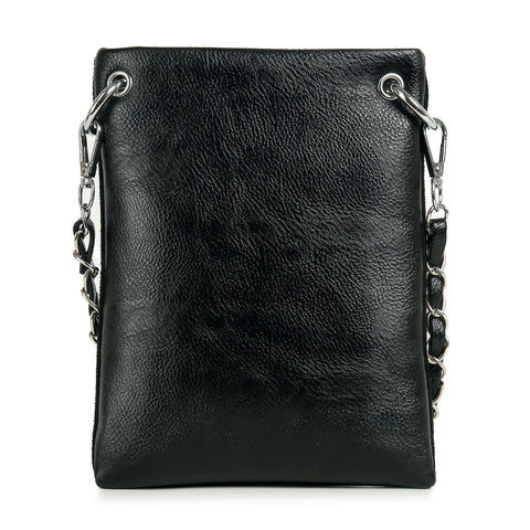 A petite black faux leather clutch, *New Size* Butterfly Design, with a smooth finish and silver chain strap attachments at the top corners.