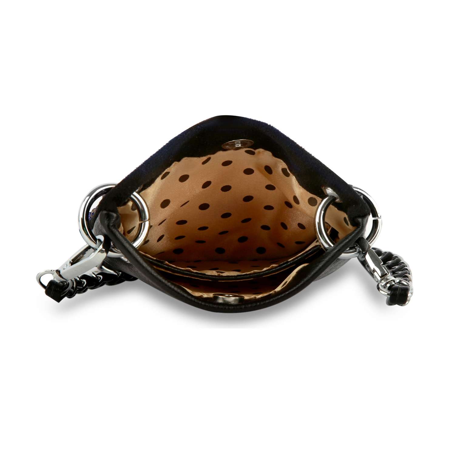 Open Butterfly Design Petite Rhinestone Sling in black faux leather, featuring a beige polka dot interior, silver hardware rings, and chain handles on both sides.