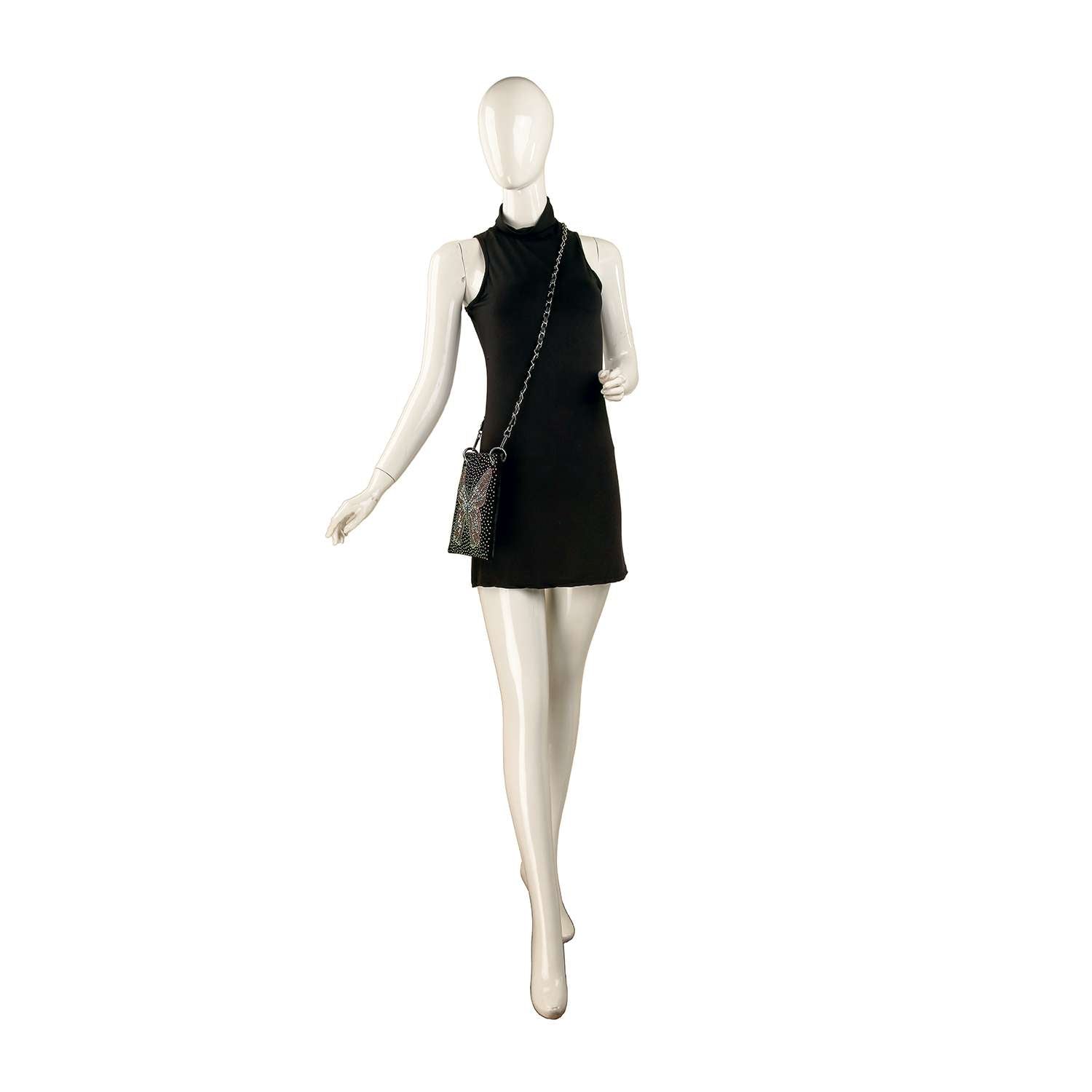 A mannequin wears a sleeveless black mini dress and the *New Size* Butterfly Design Petite Rhinestone Sling, a small phone bag with chain strap, posed against a plain white background.