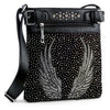 The Wings Design Rhinestone Crossbody Sling is a black faux leather bag featuring a zippered front pocket, sparkling rhinestone wings with scattered dots, metal studs on the flap, and an adjustable shoulder strap.