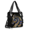 The Horse Design Rhinestone Covered Handbag is a black faux leather bag with a detachable shoulder strap, featuring a gold, blue, and silver horse head rhinestone design—a standout purse for any occasion.