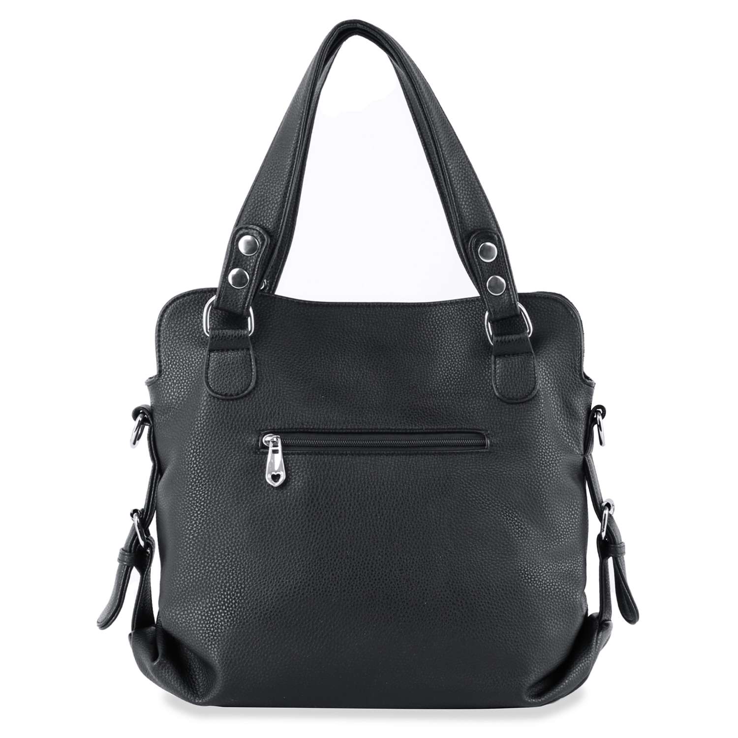 The Horse Design Rhinestone Covered Handbag features a classic black faux leather look with two shoulder straps, a front zippered pocket, side buckle accents, and shimmering rhinestones, shown against a white background.