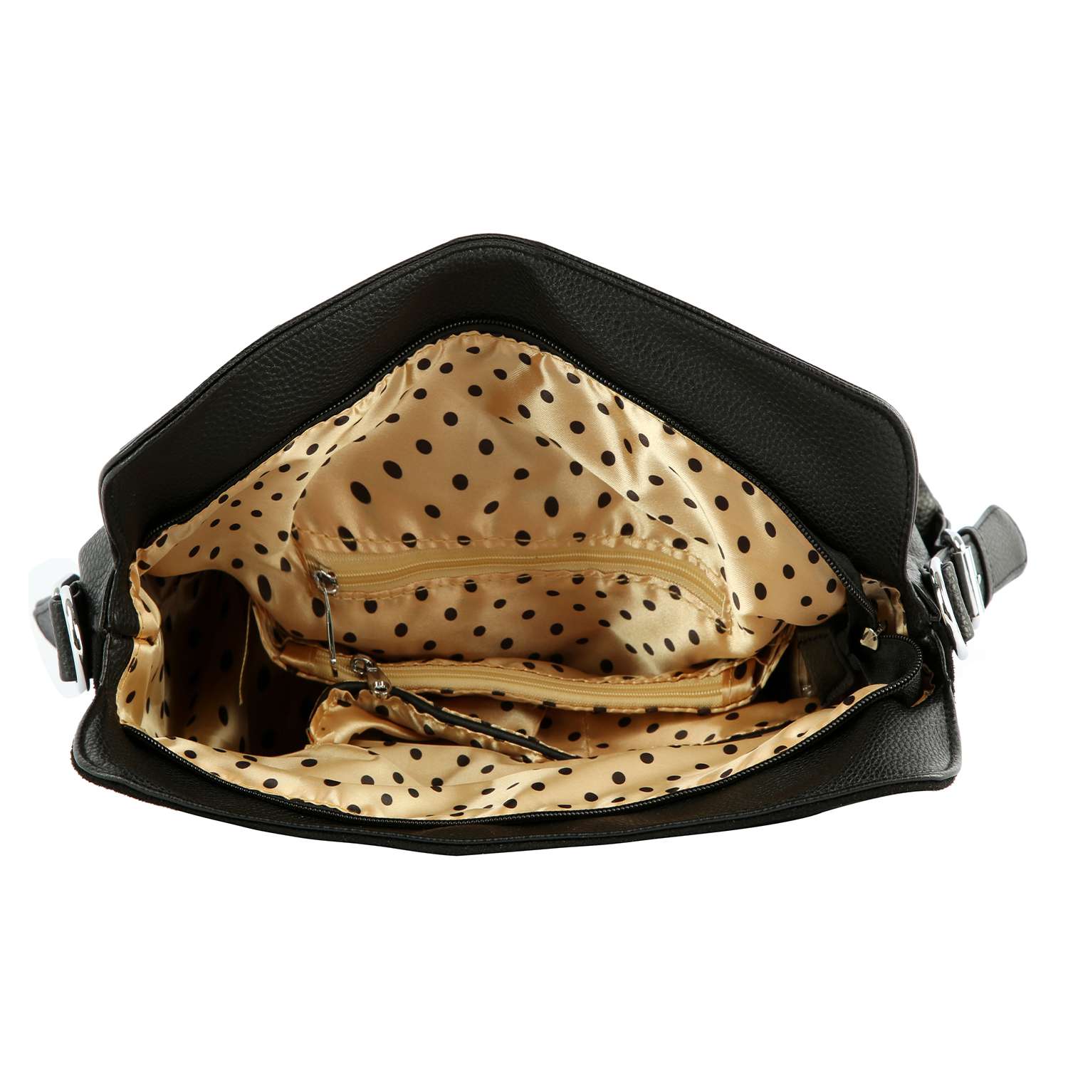 Open Horse Design Rhinestone Covered Handbag reveals a beige interior with black polka dots, multiple zippered compartments, and pockets for organization.