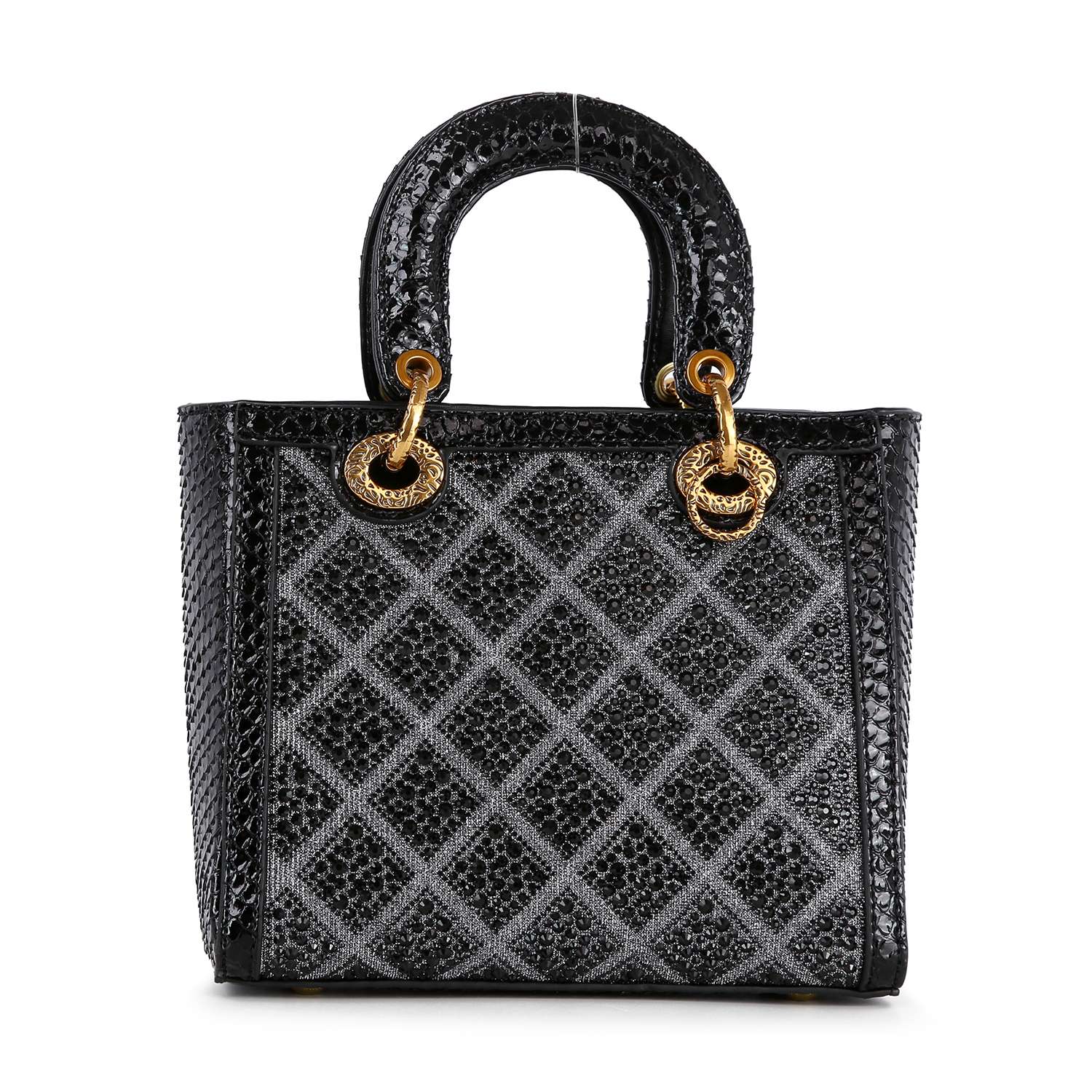 The Colored Stone Grid Pattern Tote Handbag features a small, elegant black faux leather design with a diamond grid pattern, gold ring accents, two sturdy handles, and a sophisticated structured shape.