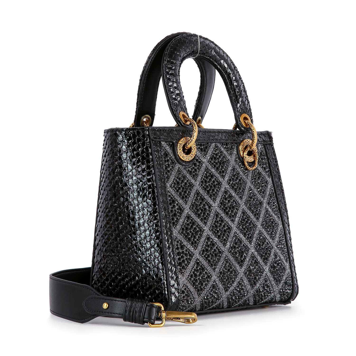 The Colored Stone Grid Pattern Tote Handbag features black textured faux leather, gold hardware, double handles, a grid pattern, and a detachable shoulder strap. Its structured shape is inspired by classic rhinestone tote bag designs.