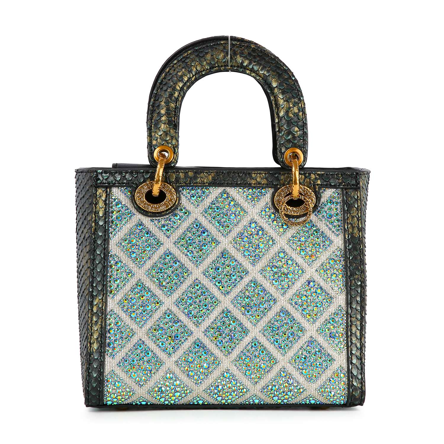 The Colored Stone Grid Pattern Tote Handbag is a small, structured faux leather bag with black textured handles, gold hardware accents, and a sparkling blue, silver, and green diamond-patterned body.