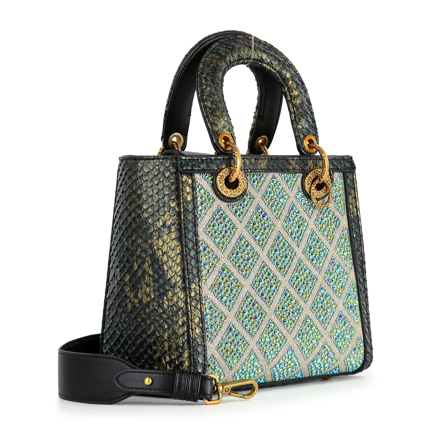 The Colored Stone Grid Pattern Tote Handbag is a luxury faux leather bag with a black and green snakeskin texture, gold hardware, aqua and silver geometric diamond front, two handles, and a detachable black strap.