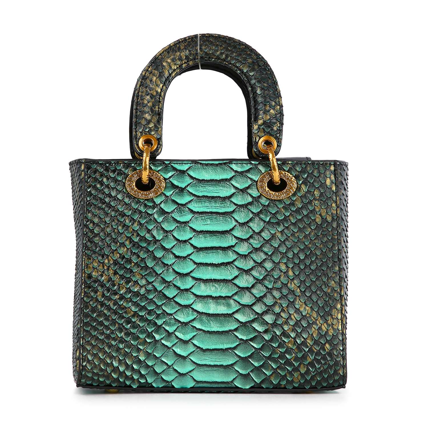 The Colored Stone Grid Pattern Tote Handbag features a shiny green and black snakeskin-embossed design, two short handles with gold hardware, and a structured, boxy shape.