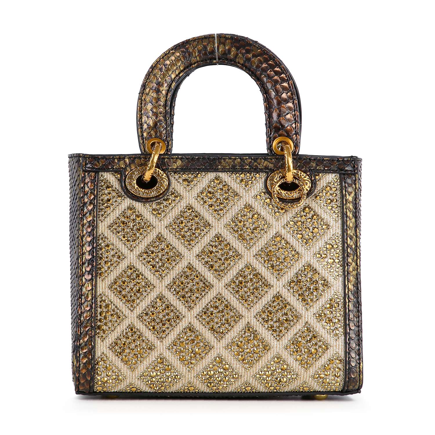 The Colored Stone Grid Pattern Tote Handbag is a luxury rectangular tote with gold and silver grid beading, textured black and gold handles, and elegant gold hardware accents.