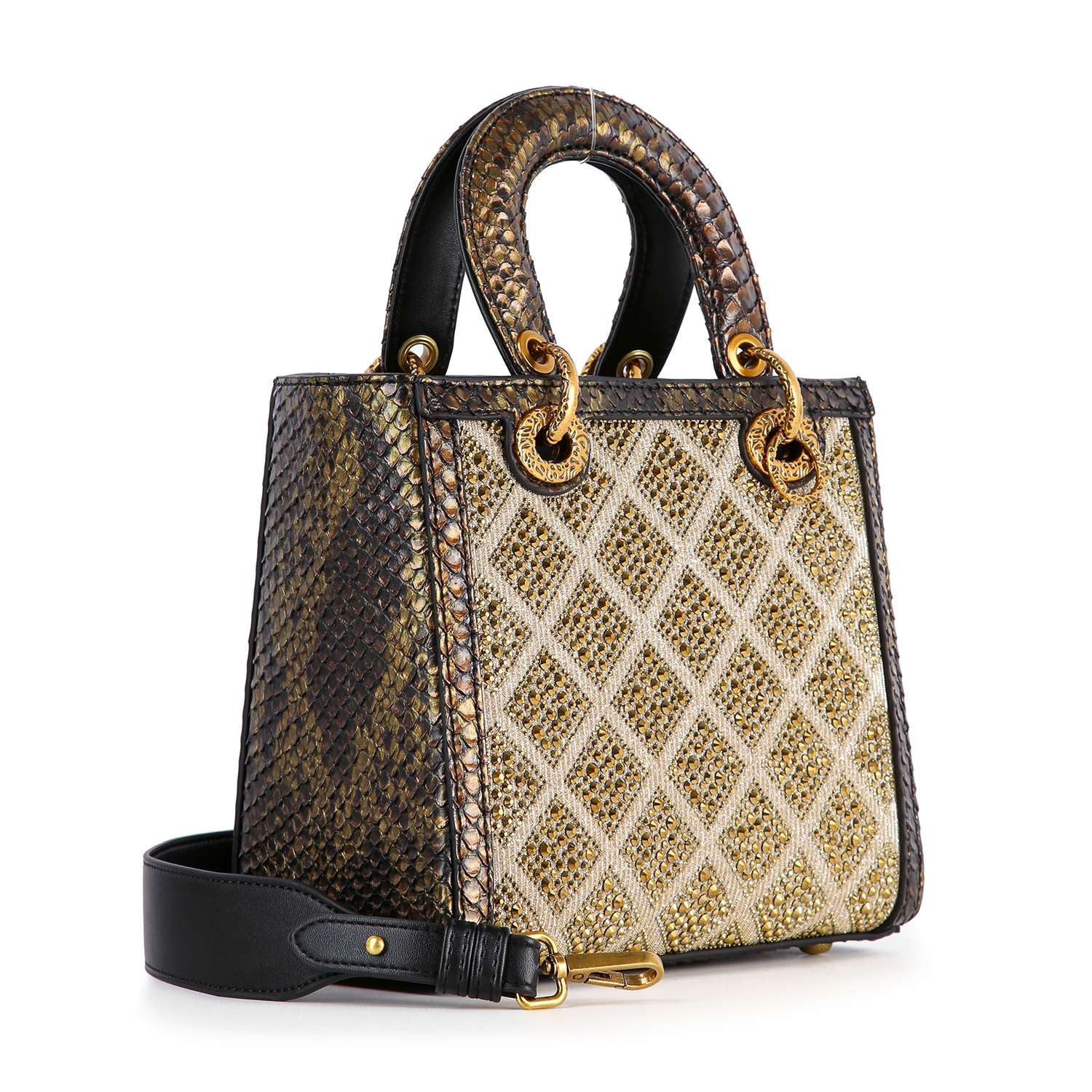 The Colored Stone Grid Pattern Tote Handbag features a luxury faux leather build, gold and brown diamond grid pattern, black leather trim, gold hardware, two short handles, and a detachable black shoulder strap.