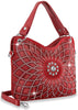 The Rhinestone Design Layered Handbag is a red faux leather bag with silver studs in a geometric floral pattern, featuring a large rhinestone sunburst center. It has two handles and a detachable shoulder strap.