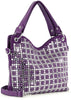 The Rhinestone Grid Design Fashion Handbag is a purple faux leather purse with two handles, featuring silver studs in a grid pattern for a sparkling effect—a chic, eye-catching shoulder bag.