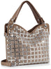 The Rhinestone Grid Design Fashion Handbag features brown faux leather, dual handles, a crossbody strap, and a chic front decorated with sparkling silver rhinestones.