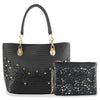 The Rhinestone Accent Accessorized Handbag Set features a black tote with gold hardware, faux leather, textured laser-cut floral patterns, gold studs, and a matching pouch with similar cutouts and a gold chain.