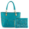 The Rhinestone Accent Accessorized Handbag Set includes two teal faux leather totes with gold hardware. The larger showcases laser-cut floral patterns and studs, while the matching pouch has a zip closure for a coordinated, stylish look.