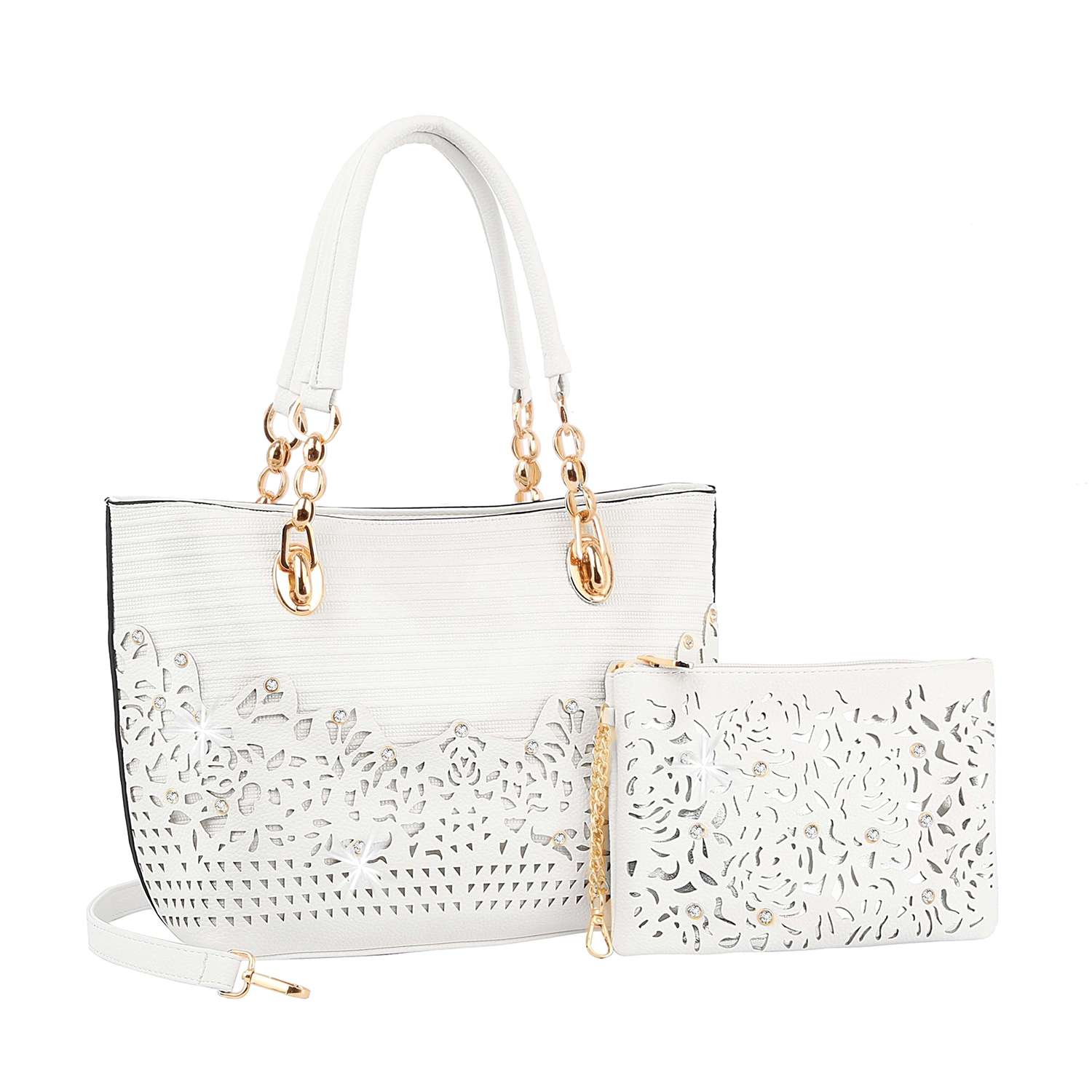 The Rhinestone Accent Accessorized Handbag Set features a white faux leather tote with gold hardware, floral laser cut design, dual handles, detachable strap, and a matching pouch with zipper closure.