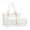 The Rhinestone Accent Accessorized Handbag Set features a white faux leather tote with gold hardware, floral laser cut design, dual handles, detachable strap, and a matching pouch with zipper closure.