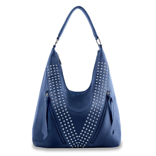 The Sparkling Rhinestone Accented Hobo Handbag is a spacious blue faux leather shoulder bag with a single strap, V-shaped rhinestone accents, two zippered pockets with tassel pulls, and fits most tablets—perfect for daily use.