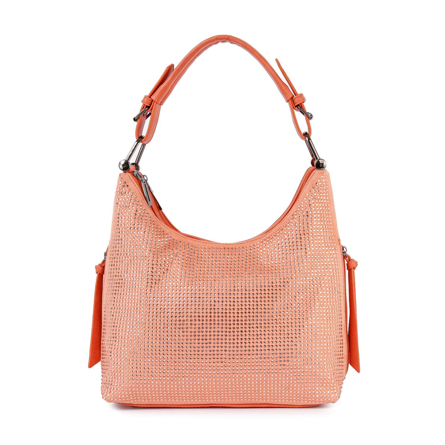 The Rhinestone Accented Hobo Handbag is an orange faux leather hobo with a sueded front, metallic studs, side tassel accents, and rhinestone details, displayed against a white background.