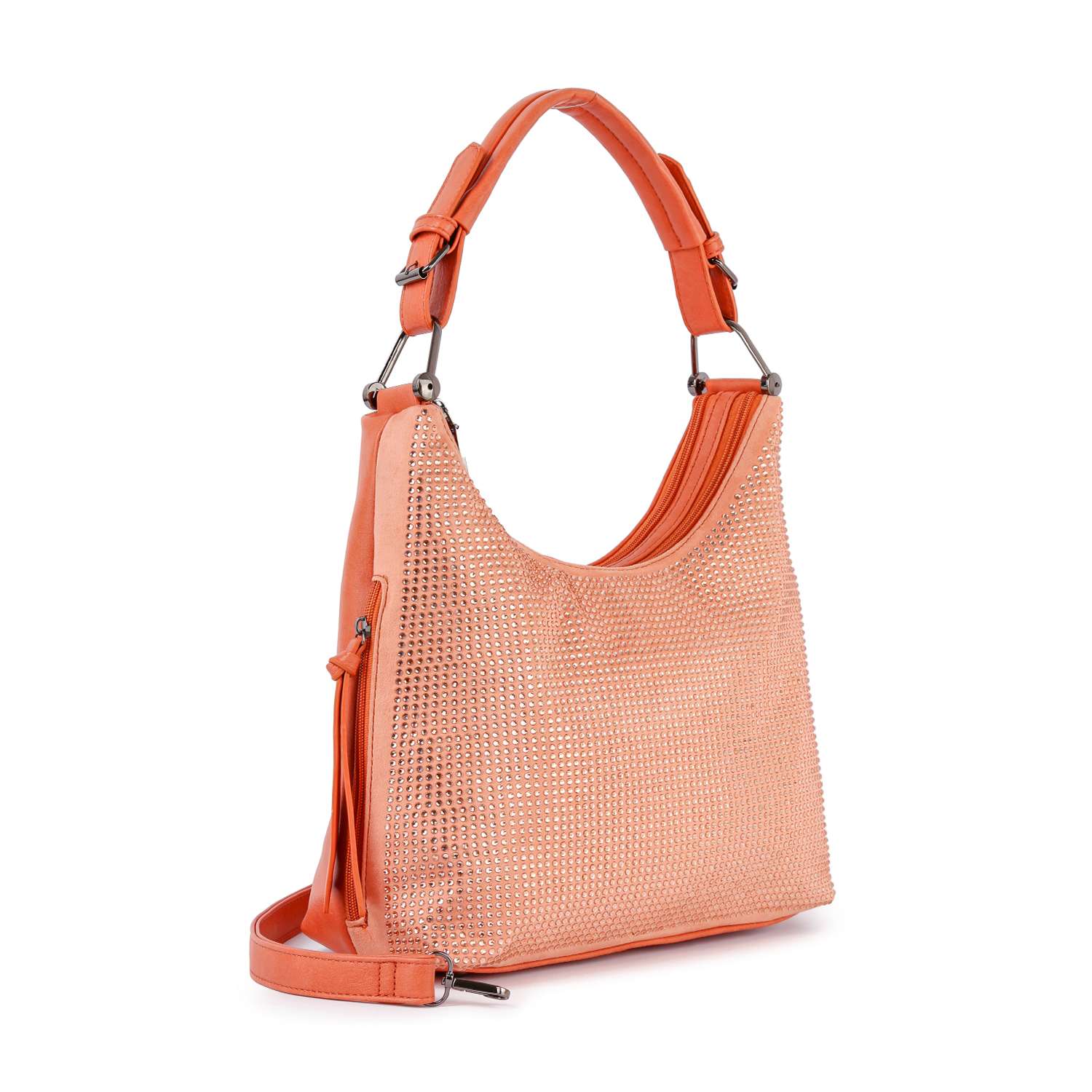 The Rhinestone Accented Hobo Handbag features a peach hue, sueded front, studded rhinestone design, adjustable strap, and metallic hardware, displayed against a white background.