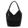 The Stunning Sparkling Tall Shoulder Bag is a black faux leather shoulder bag with small sparkling stones, gold-tone hardware, a black leather tassel charm, a soft slouchy shape, and two sturdy handles.
