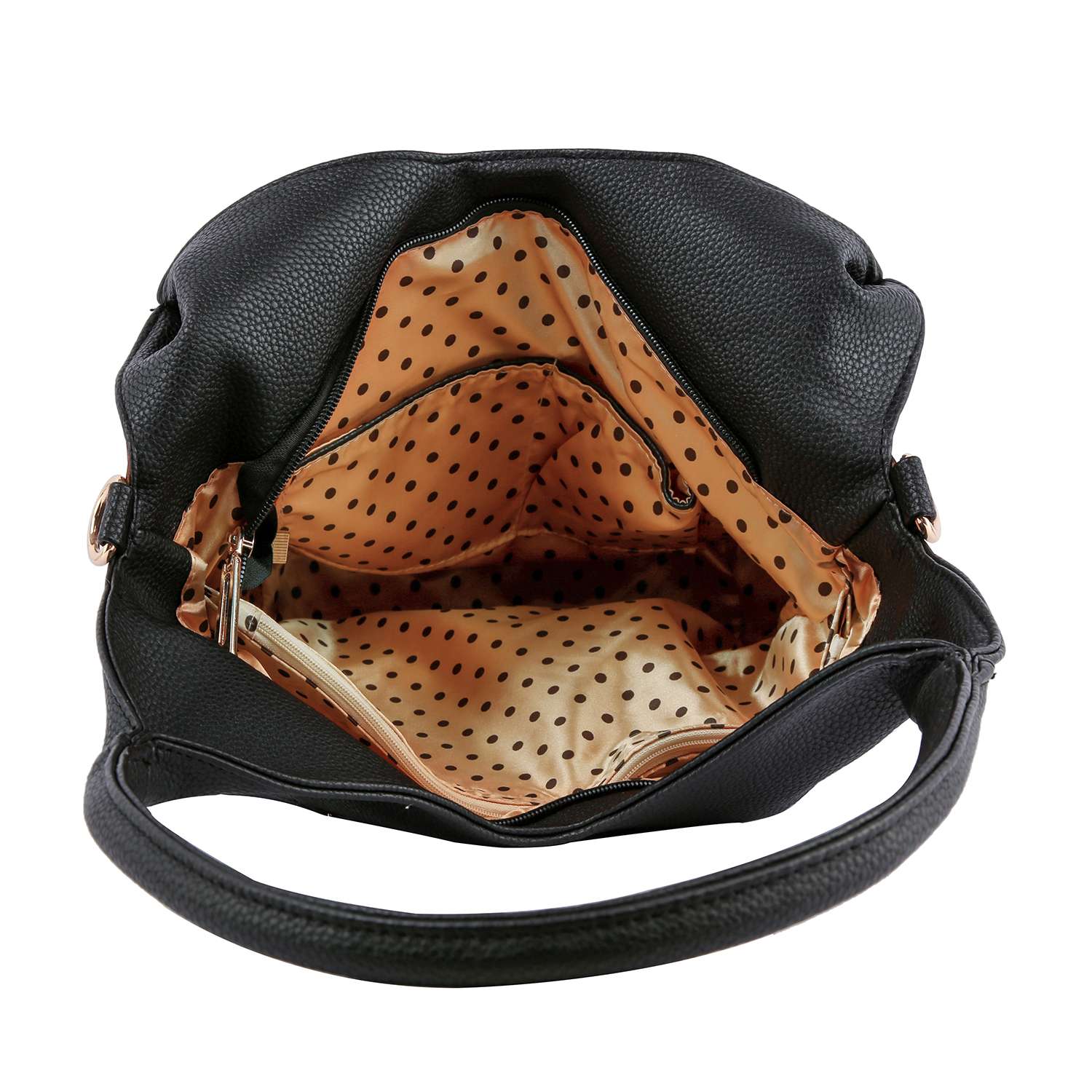 Top view of the Stunning Sparkling Tall Shoulder Bag in black faux leather with a beige interior lining featuring brown polka dots, showcasing multiple zippered compartments and pockets inside.