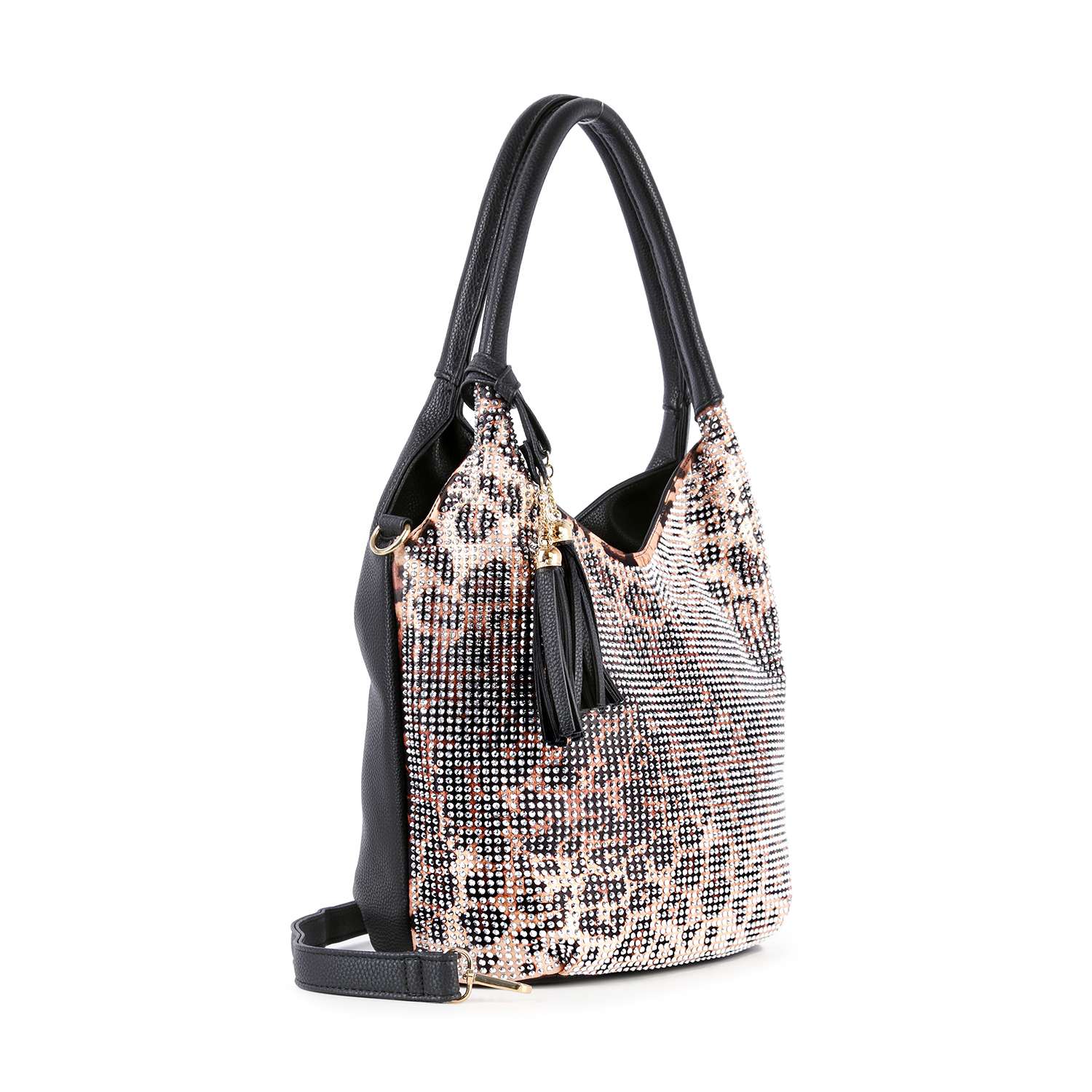 The Stunning Sparkling Tall Shoulder Bag features black handles, black side panels, a sparkling leopard print with stone accents, a decorative tassel, an adjustable black shoulder strap, and luxe faux leather details.