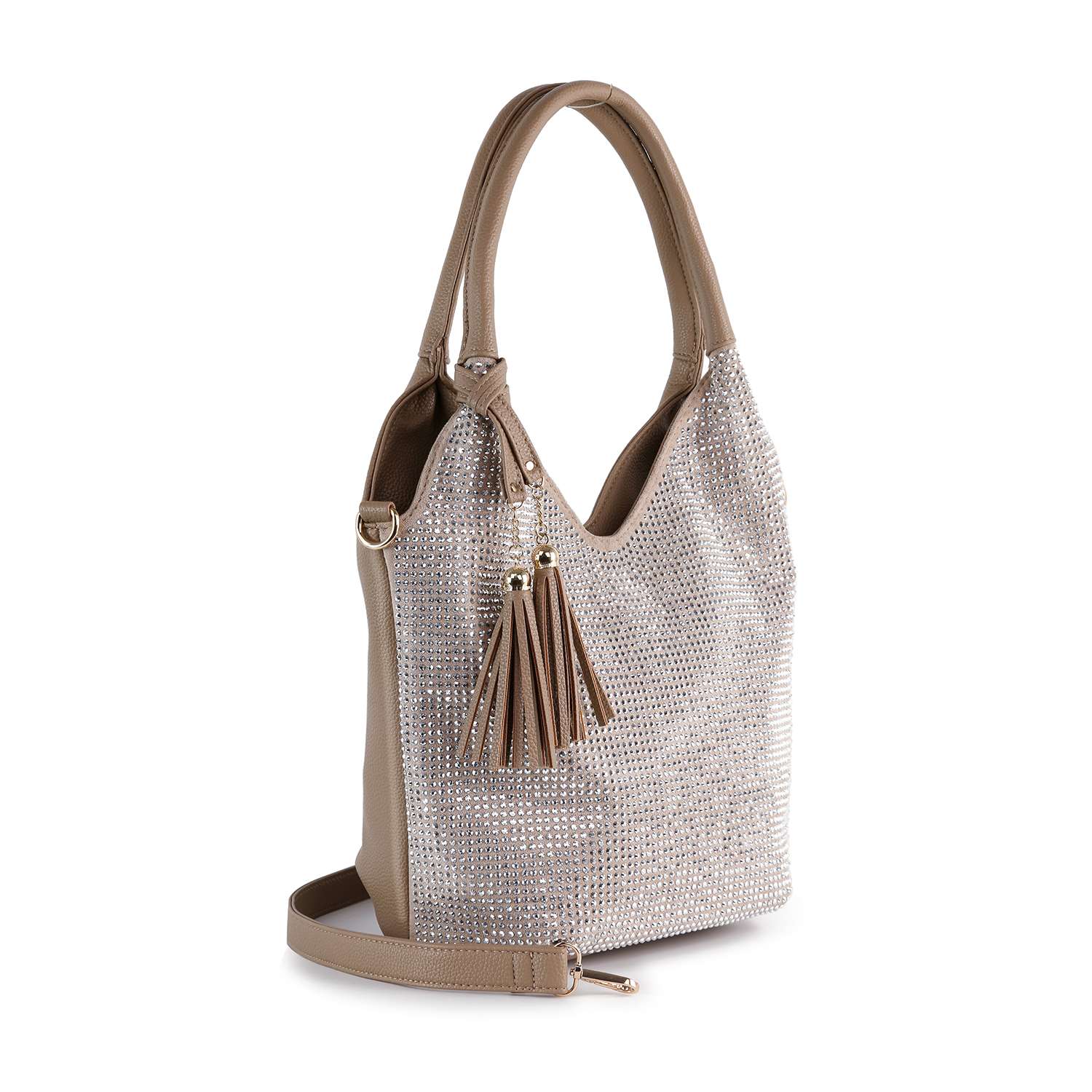 The Stunning Sparkling Tall Shoulder Bag is a beige faux leather shoulder bag featuring sparkling stones, two handles, a detachable strap, and two decorative tassels on a gold chain.