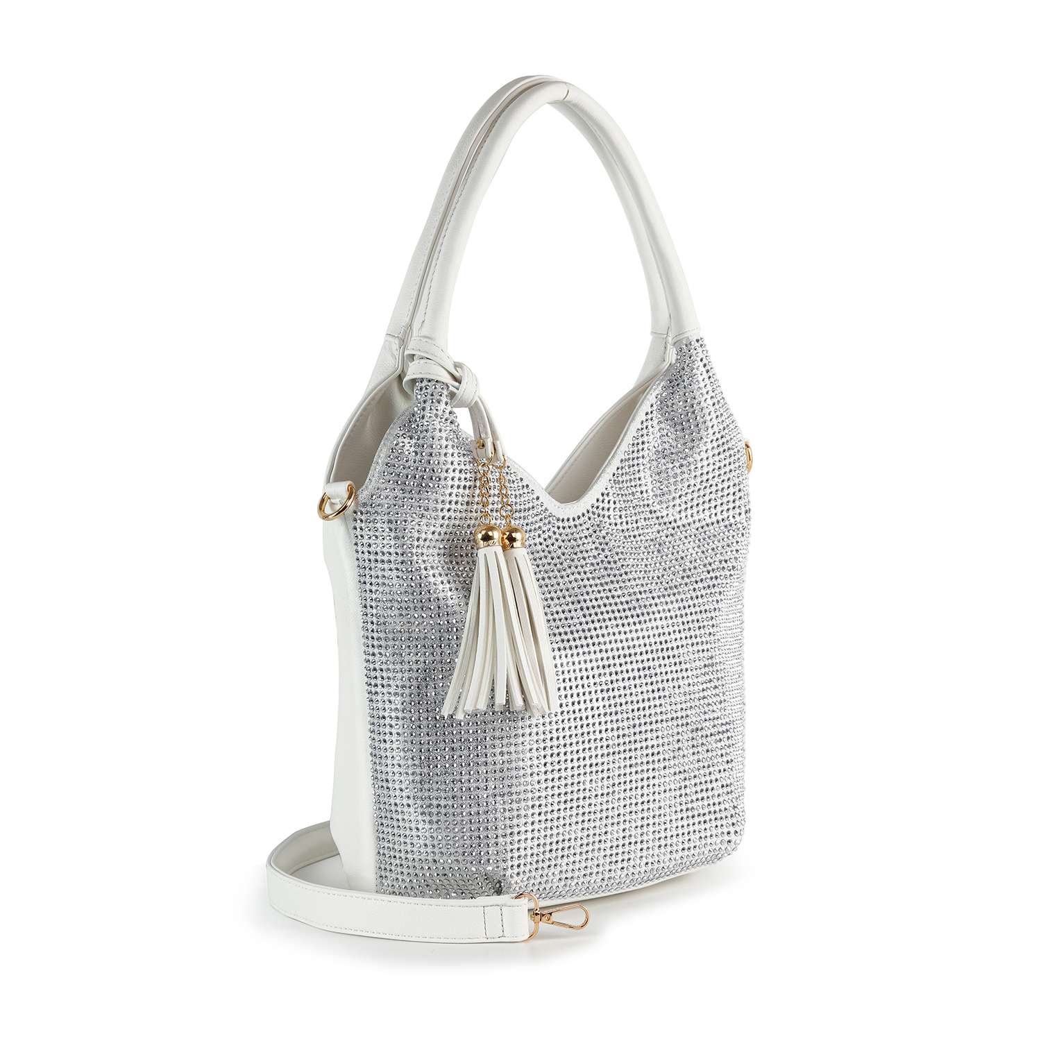 The Stunning Sparkling Tall Shoulder Bag features white faux leather, a textured metallic silver front, gold hardware, a matching white strap, and a decorative white tassel on the handle.