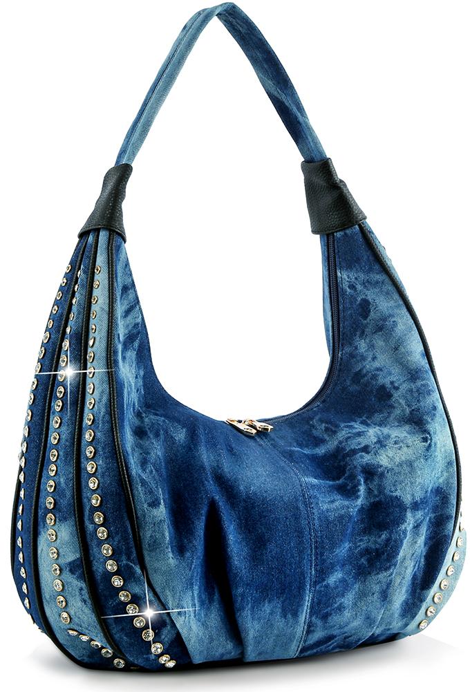 The Rhinestone Accented Hobo Handbag features blue denim, a single strap, black faux leather accents, and rows of silver studs for a stylish, modern look. It’s also tablet compatible.
