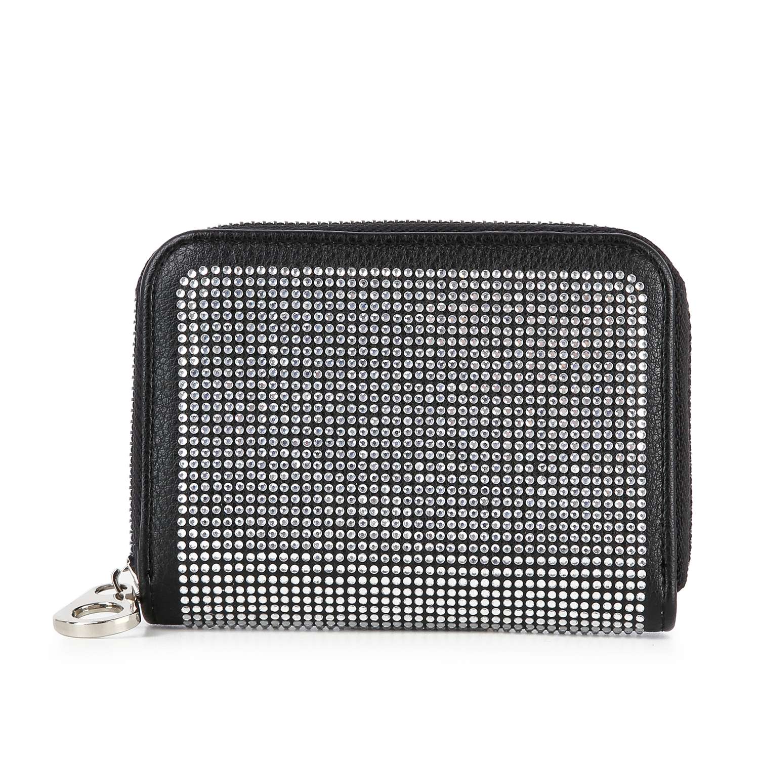 The Rhinestone Design Petite Zip Around Wallet is a compact black faux leather wallet with a rhinestone-studded front, featuring a metal keyring clasp on the side and a secure zip-around closure.