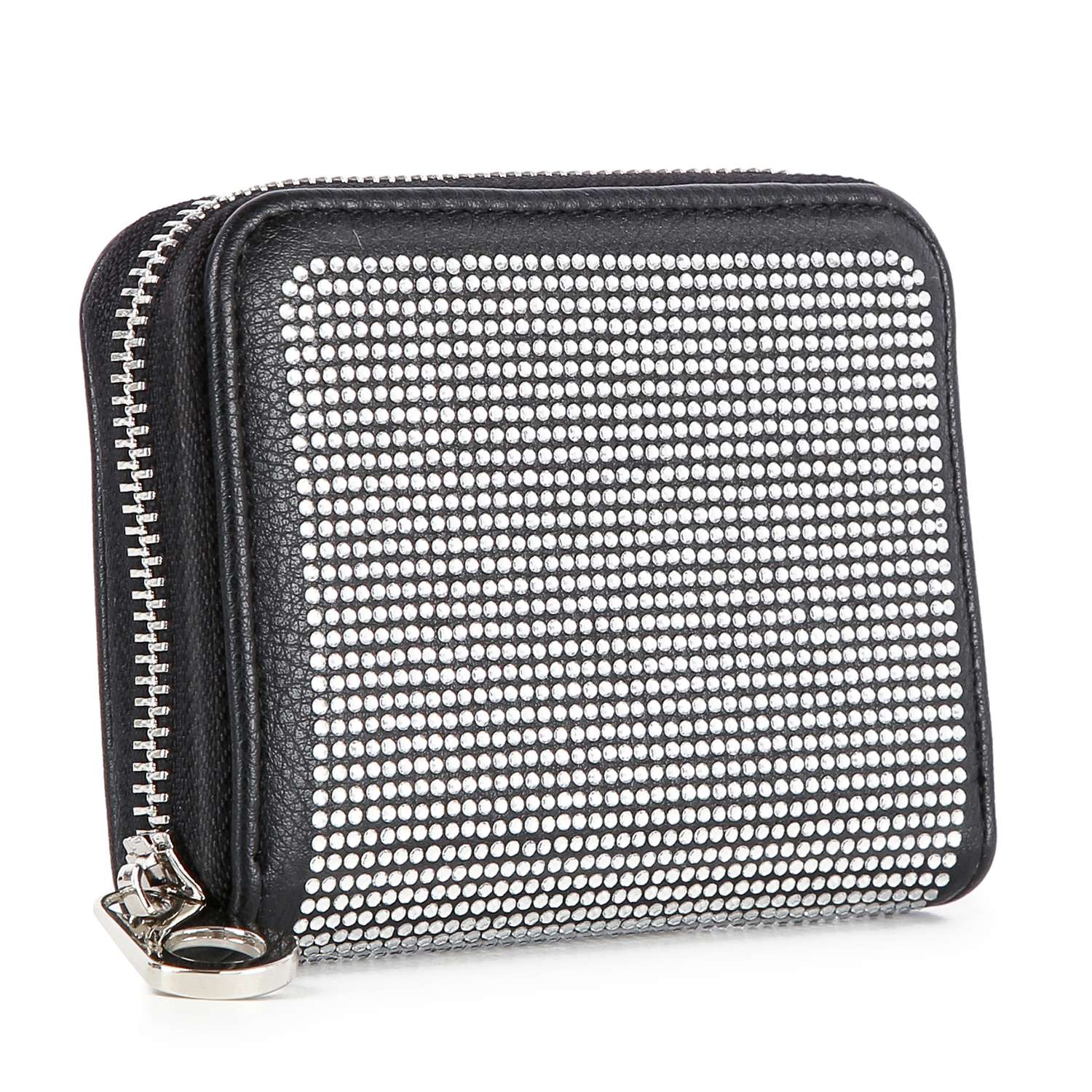 The Rhinestone Design Petite Zip Around Wallet features black faux leather, a front adorned with silver studs, a sleek zip-around closure, and a silver pull tab on the left side.
