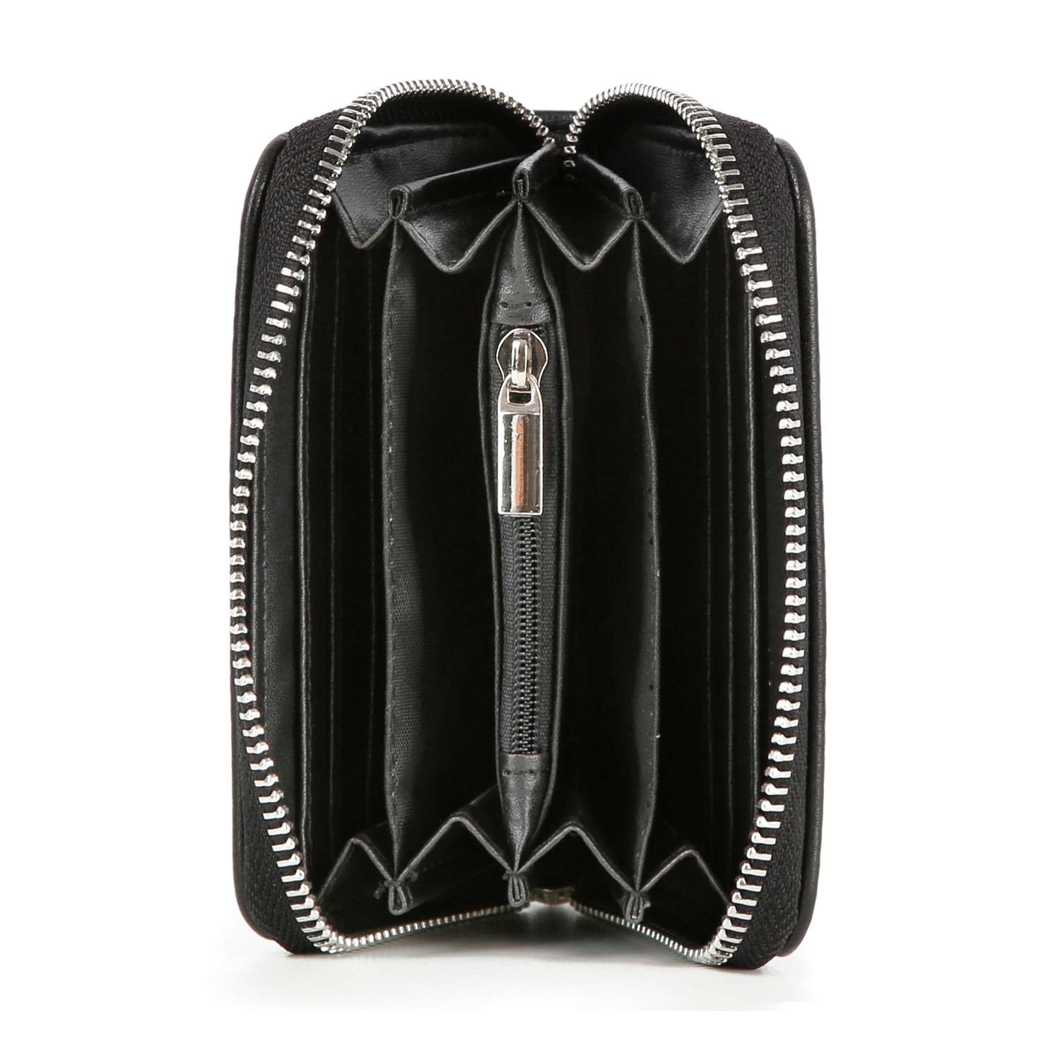 The Rhinestone Design Petite Zip Around Wallet is open against a white background, showing multiple compartments, a central zipper pocket, and a secure zip around closure.