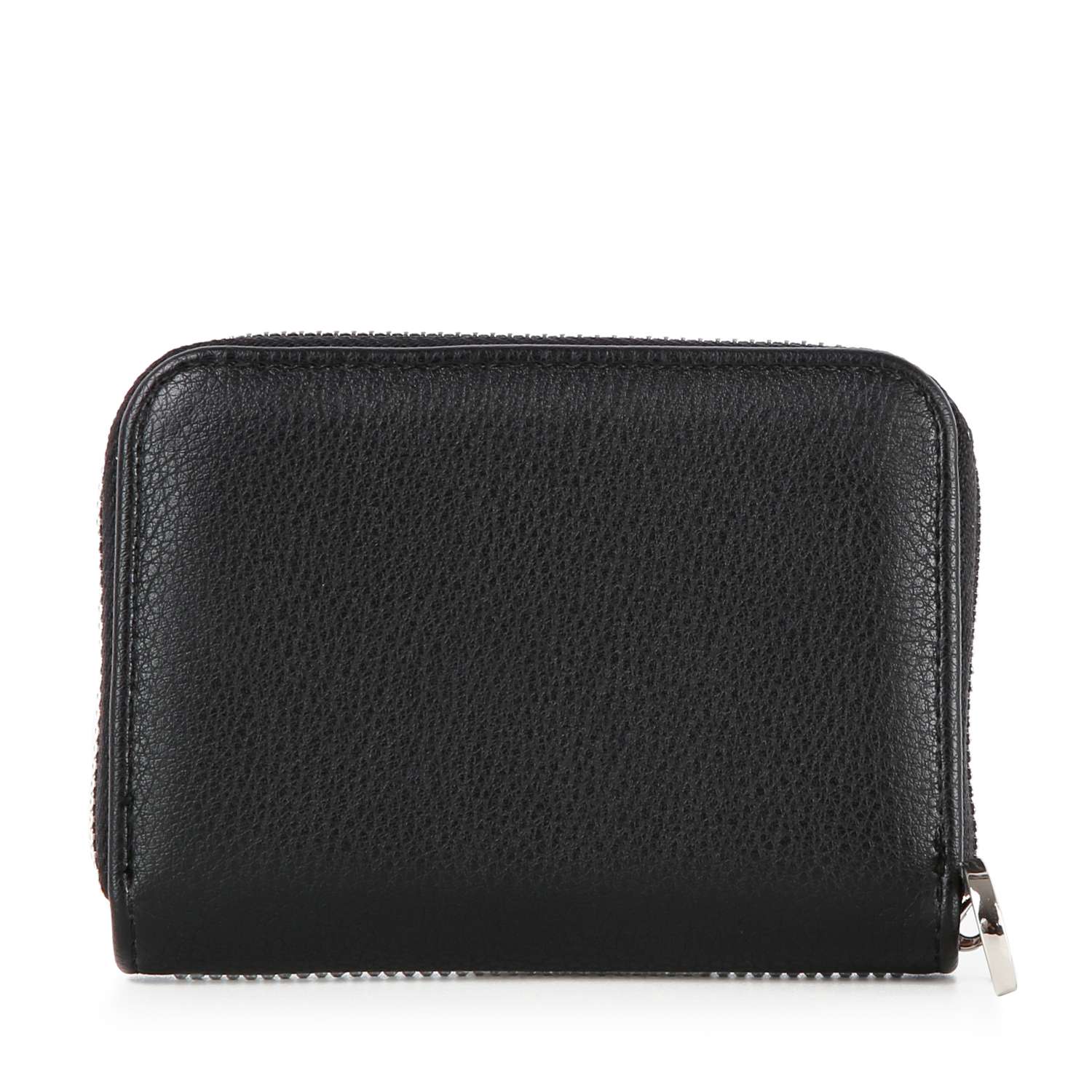 The Rhinestone Design Petite Zip Around Wallet, featuring a textured black faux leather surface and zip closure, is shown standing upright against a white background.