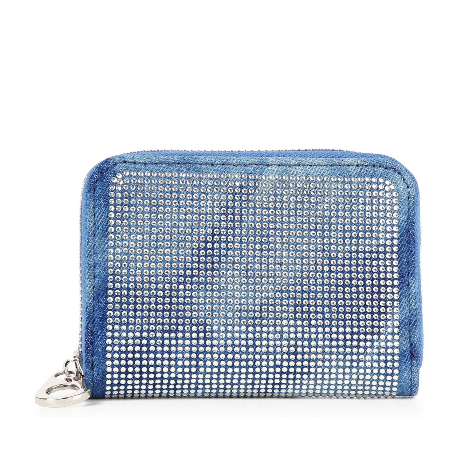 The Rhinestone Design Petite Zip Around Wallet features a small rectangular shape, blue denim border, a rhinestone-covered front panel, silver side clasp, and zip around closure.