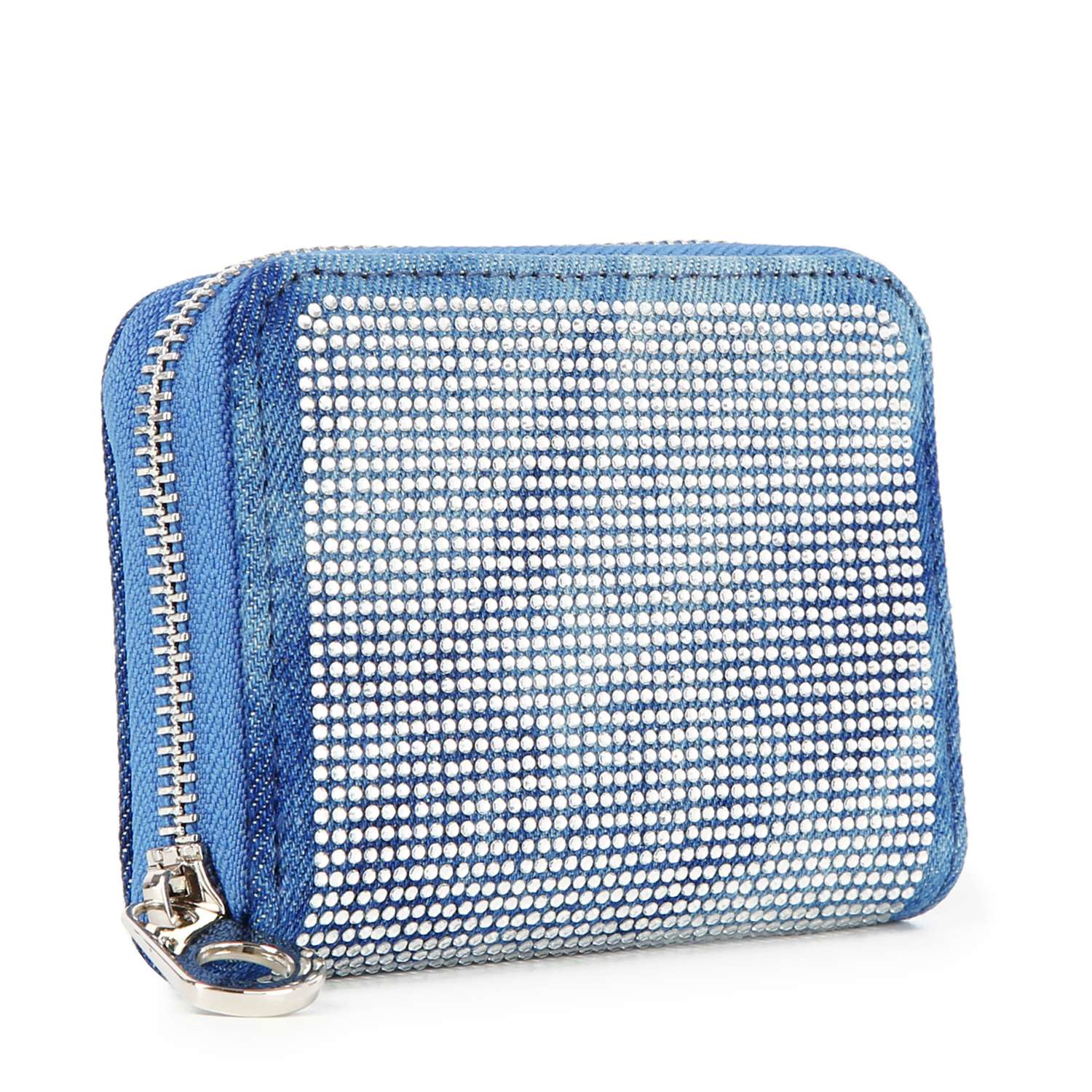 The Rhinestone Design Petite Zip Around Wallet is a small blue wallet with shiny white rhinestones in a grid on the front, zip around closure, and denim-like faux leather sides.
