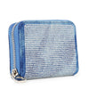 The Rhinestone Design Petite Zip Around Wallet is a small blue wallet with shiny white rhinestones in a grid on the front, zip around closure, and denim-like faux leather sides.
