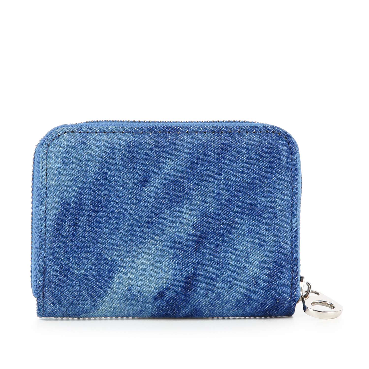 The Rhinestone Design Petite Zip Around Wallet, crafted from blue denim, features a right-side silver zipper pull and is photographed against a white background.
